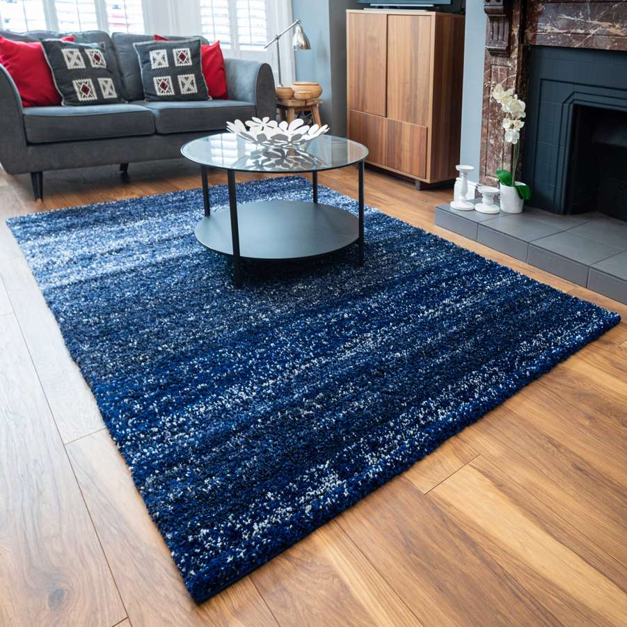 Navy Mottled Striped Shaggy Living Room Rug