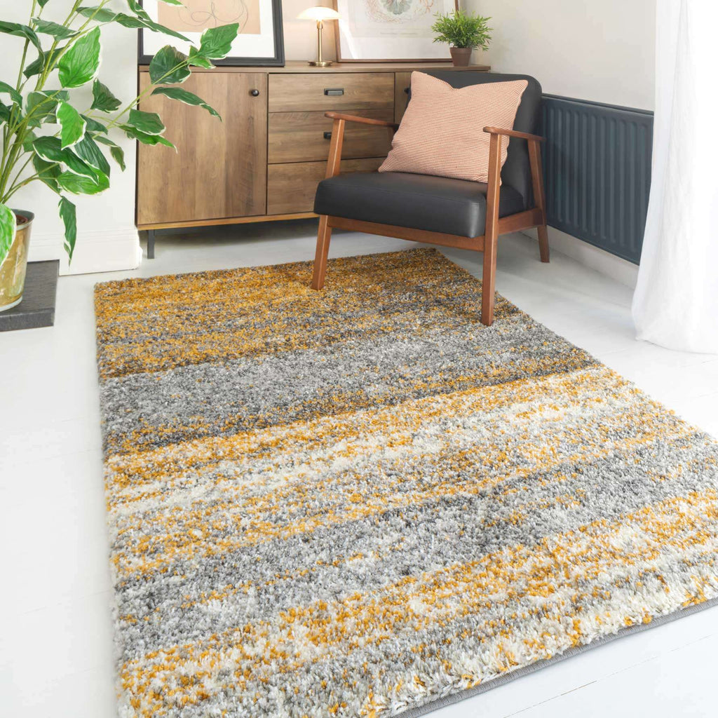 Premium Cosy Ochre Striped Shaggy Rug