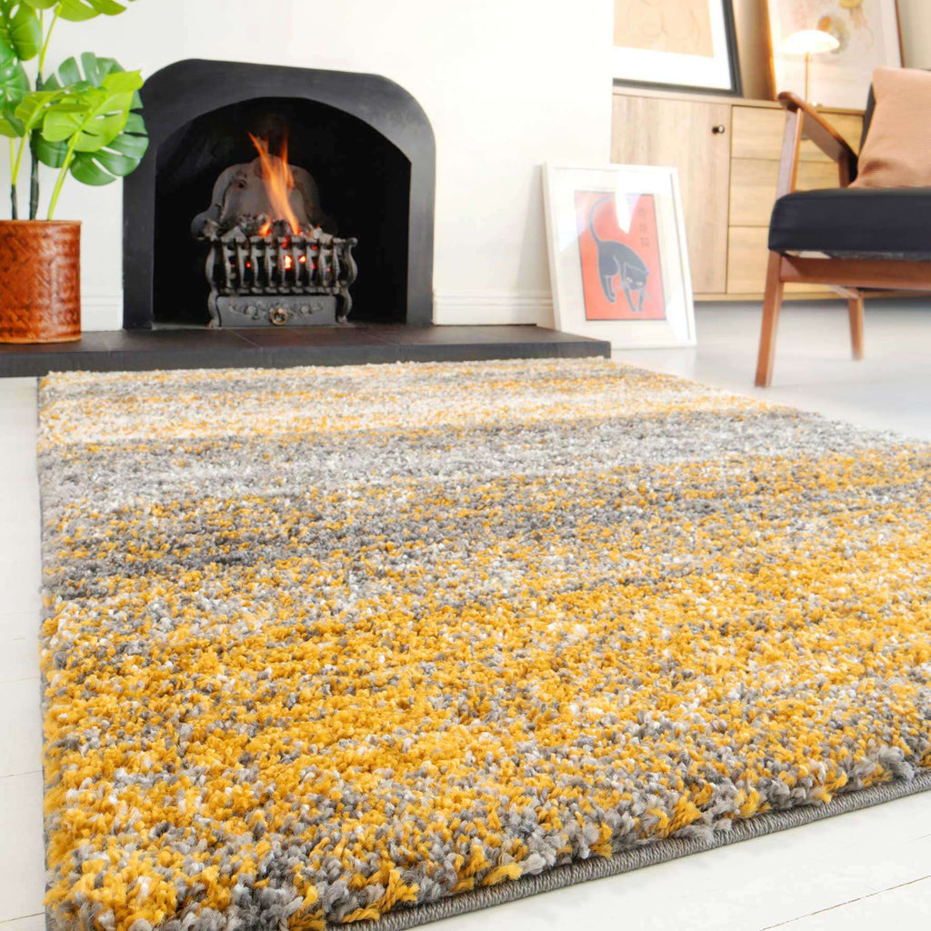 Premium Cosy Ochre Striped Shaggy Rug