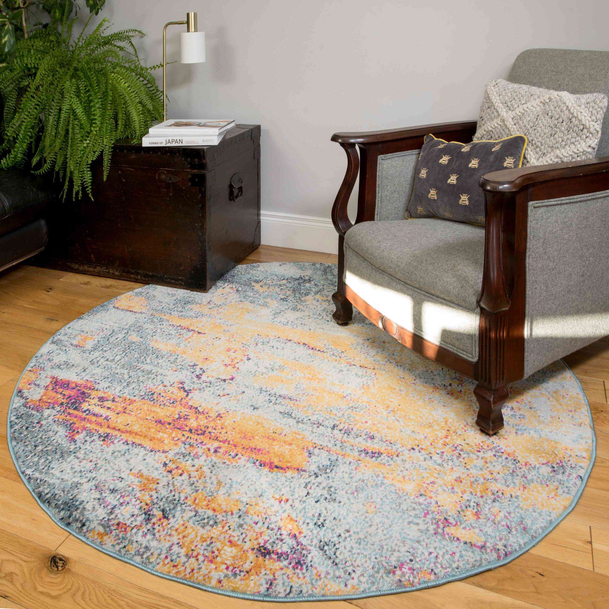 Round Circle Gold Blue Distressed Living Room Rug