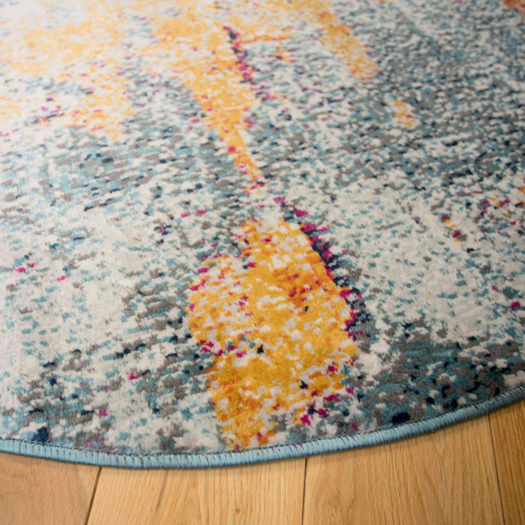 Round Circle Gold Blue Distressed Living Room Rug