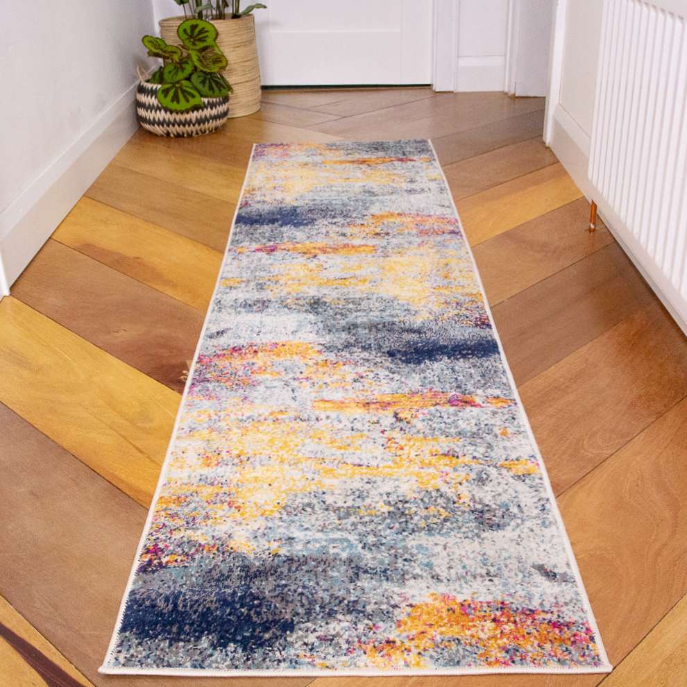 Round Circle Gold Blue Distressed Living Room Rug