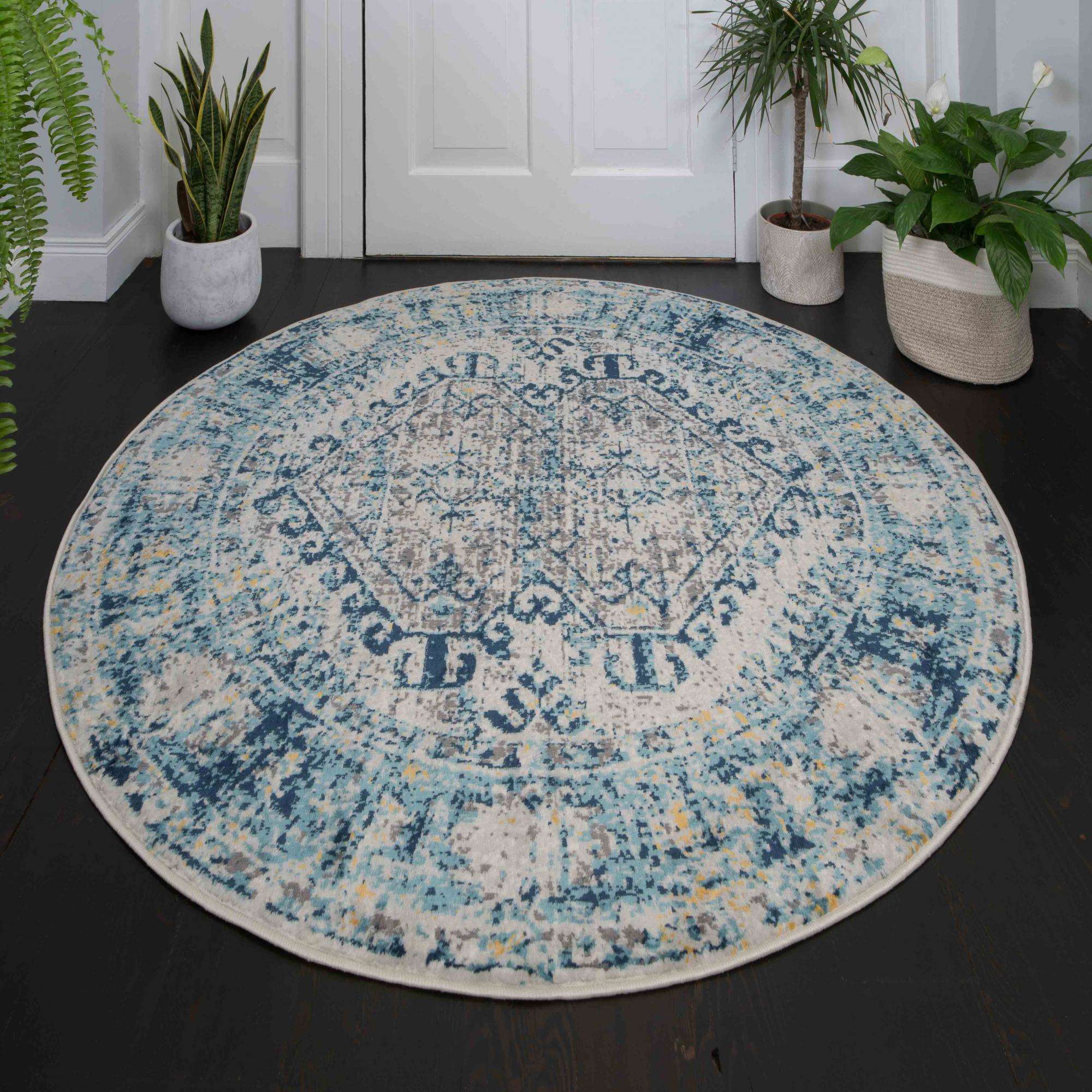 Round Circle Blue Oriental Distressed Vintage Rug