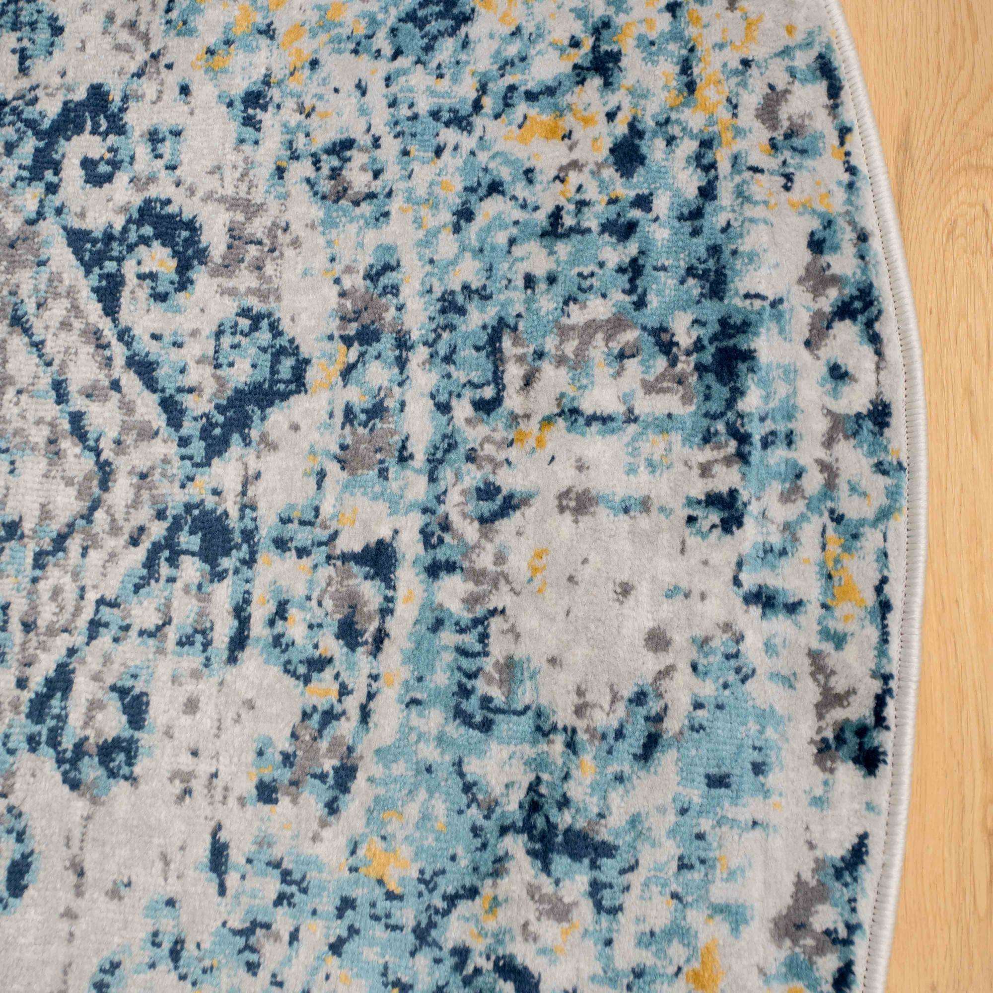 Round Circle Blue Oriental Distressed Vintage Rug
