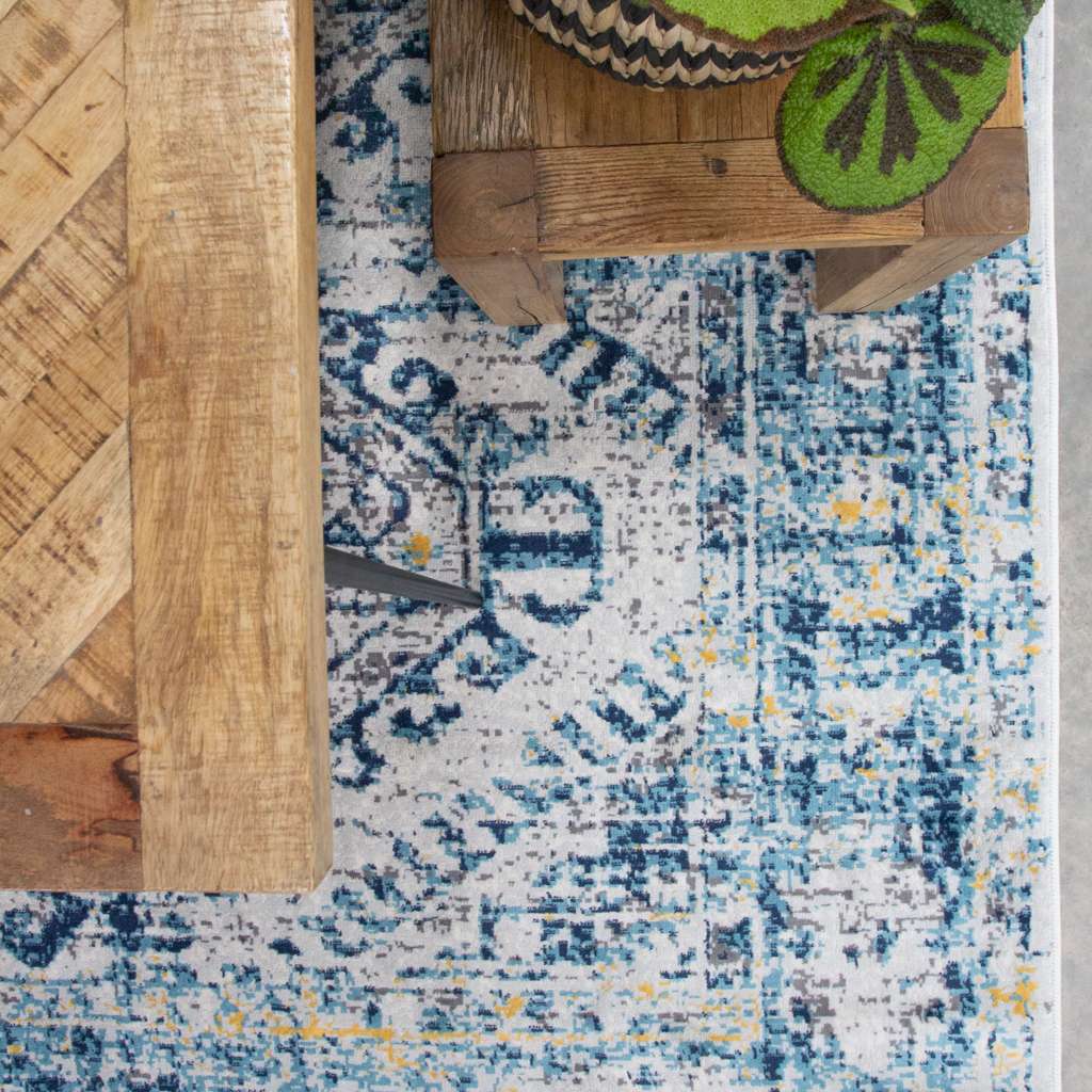Round Circle Blue Oriental Distressed Vintage Rug