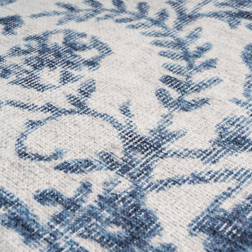 Flatwoven Washable Distressed Blue Damask Rug - Bala
