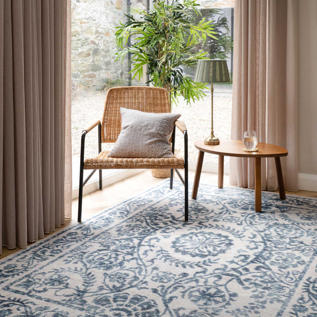 Flatwoven Washable Distressed Blue Damask Rug - Bala