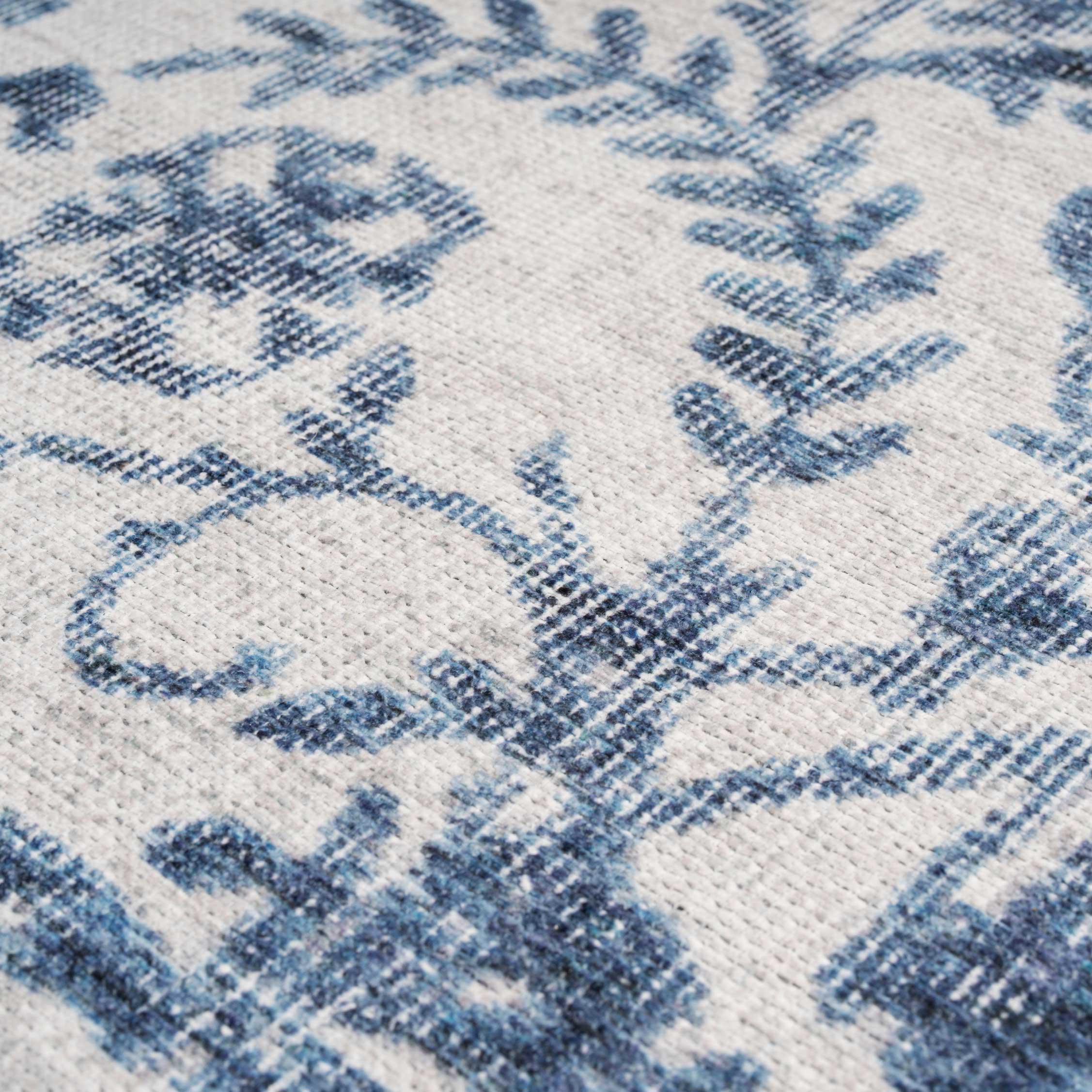 Flatwoven Washable Distressed Blue Damask Runner - Bala