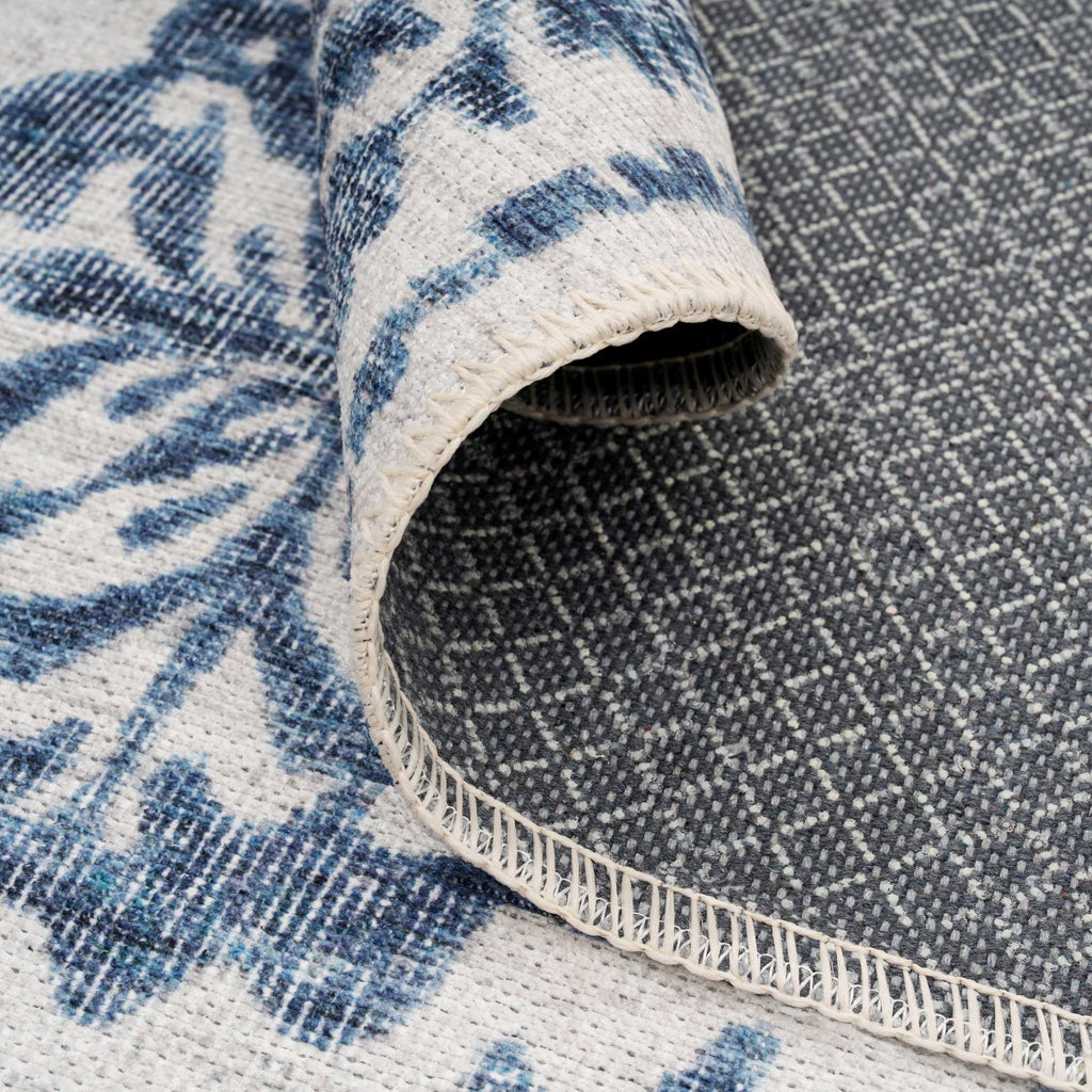 Flatwoven Washable Distressed Blue Damask Runner - Bala