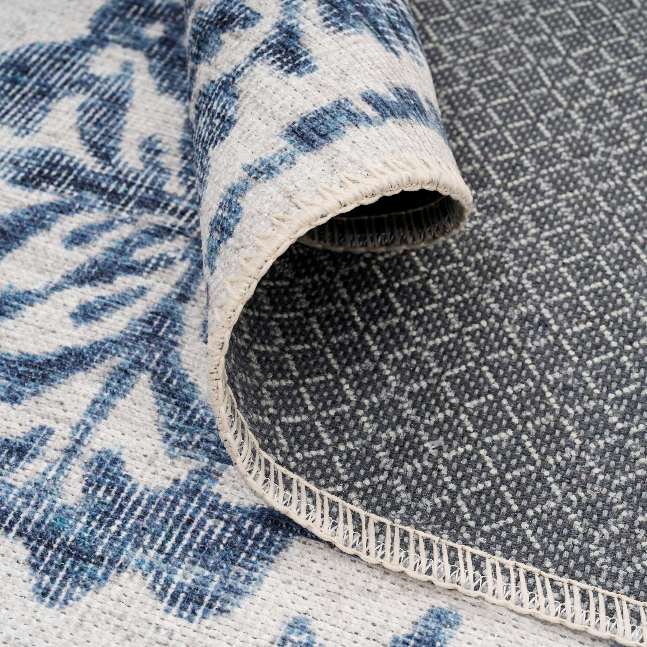 Flatwoven Washable Distressed Blue Damask Runner - Bala