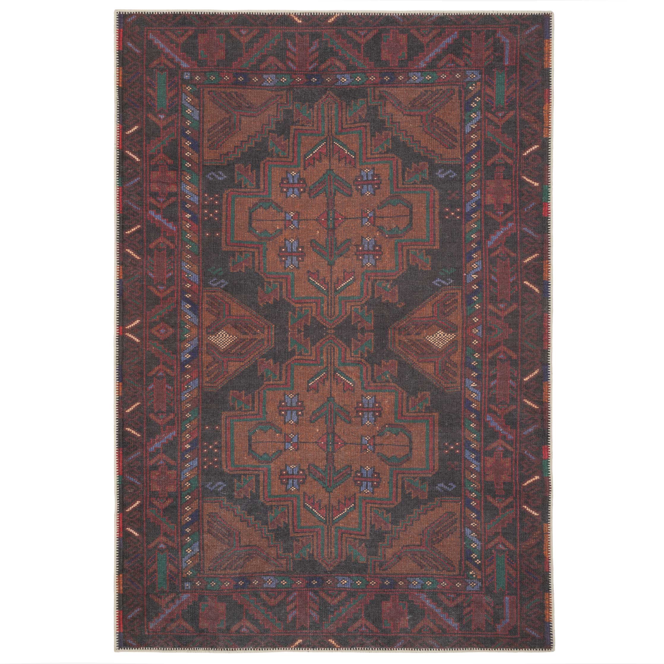 Flatwoven Washable Brown Distressed Boho Rug- Caris