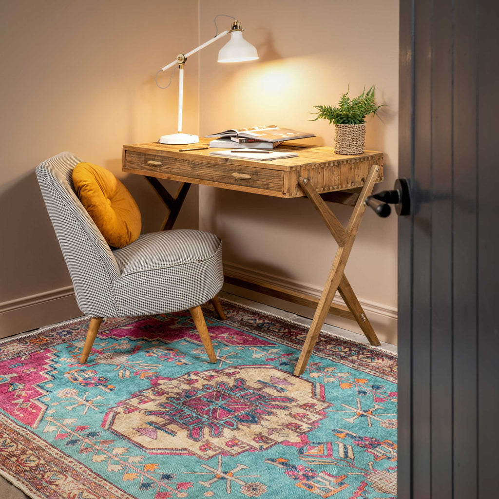 Flatwoven Washable Vibrant Teal Pink Distressed Boho Rug - Clarissa
