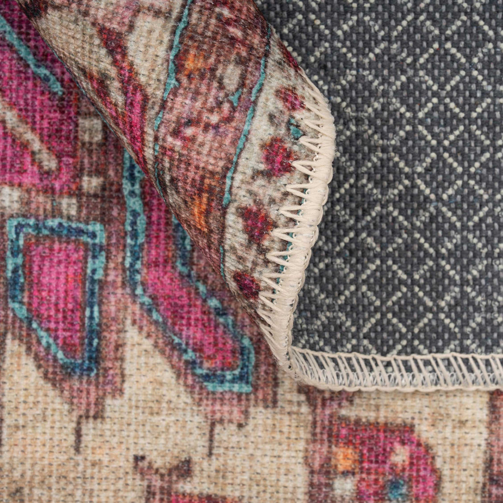 Flatwoven Washable Teal Pink Distressed Circle Rug