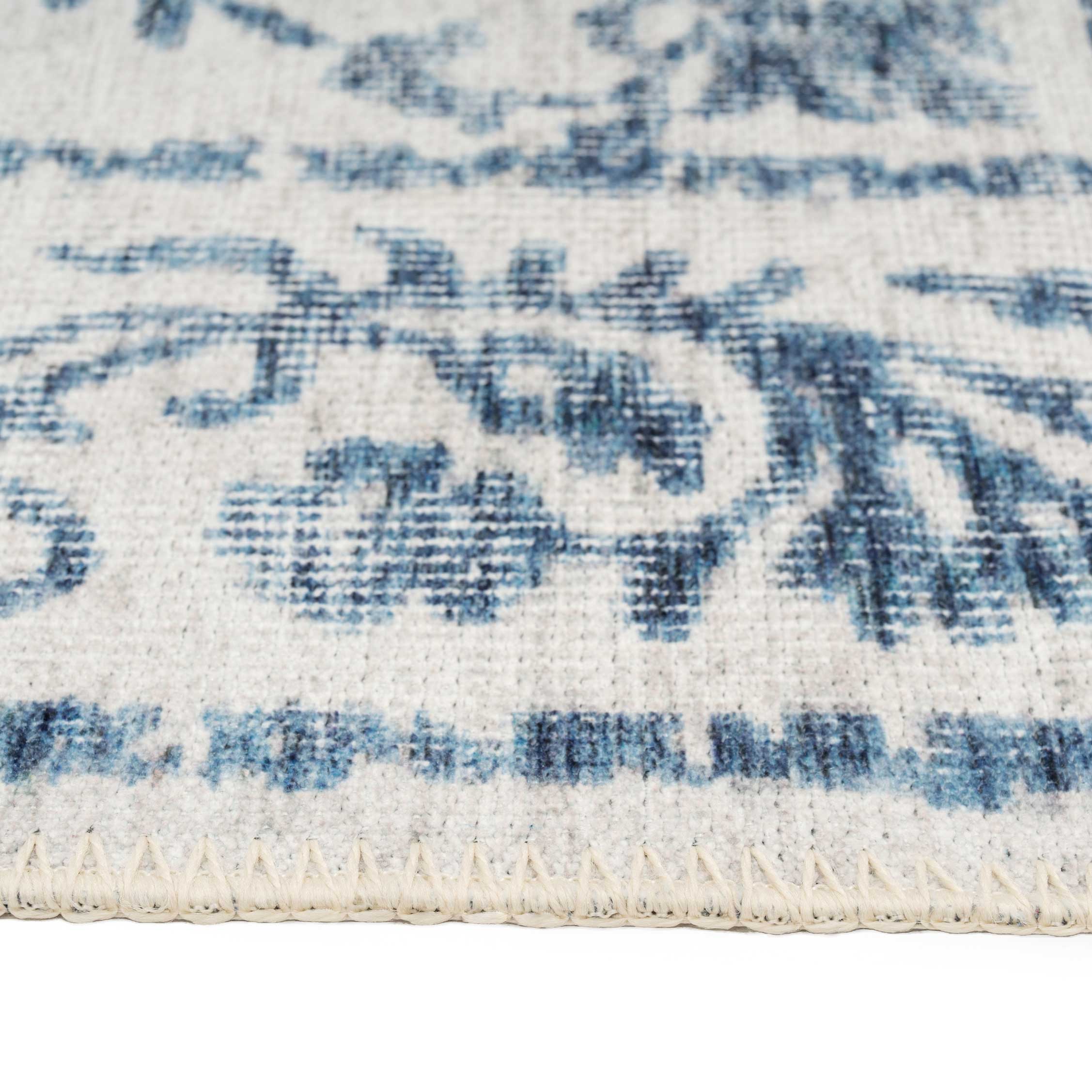 Flatwoven Washable Distressed Blue Damask Runner - Bala