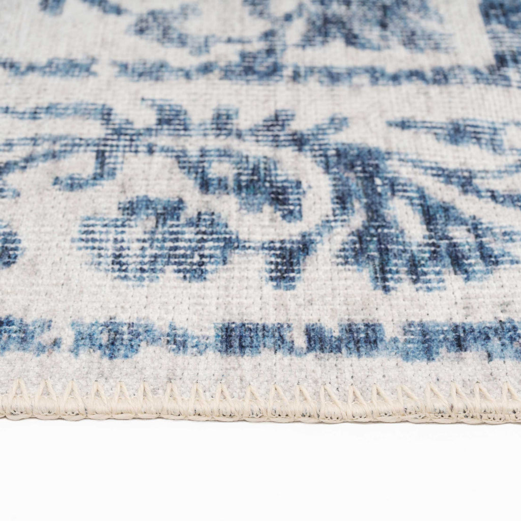 Flatwoven Washable Distressed Blue Damask Rug - Bala