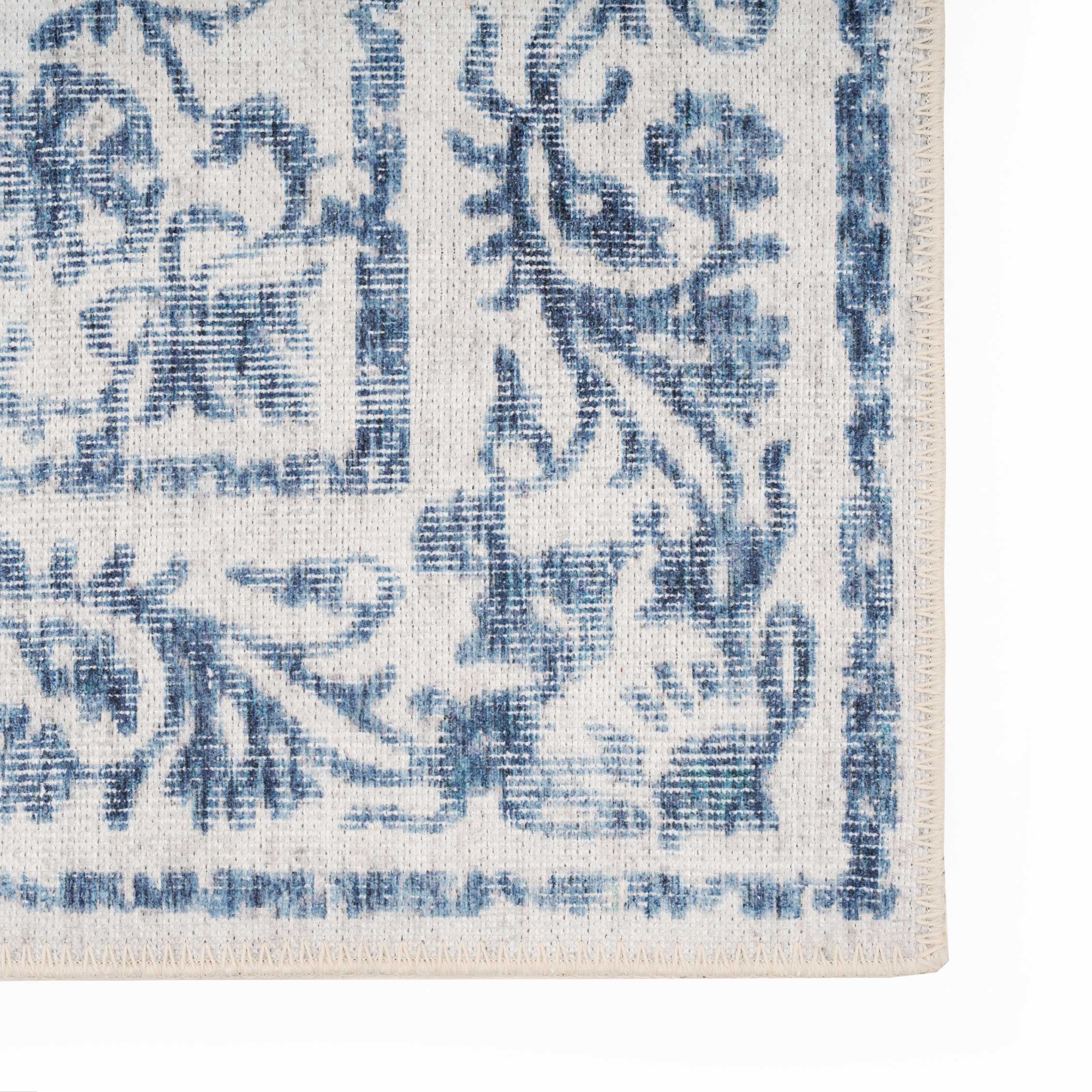 Flatwoven Washable Distressed Blue Damask Runner - Bala