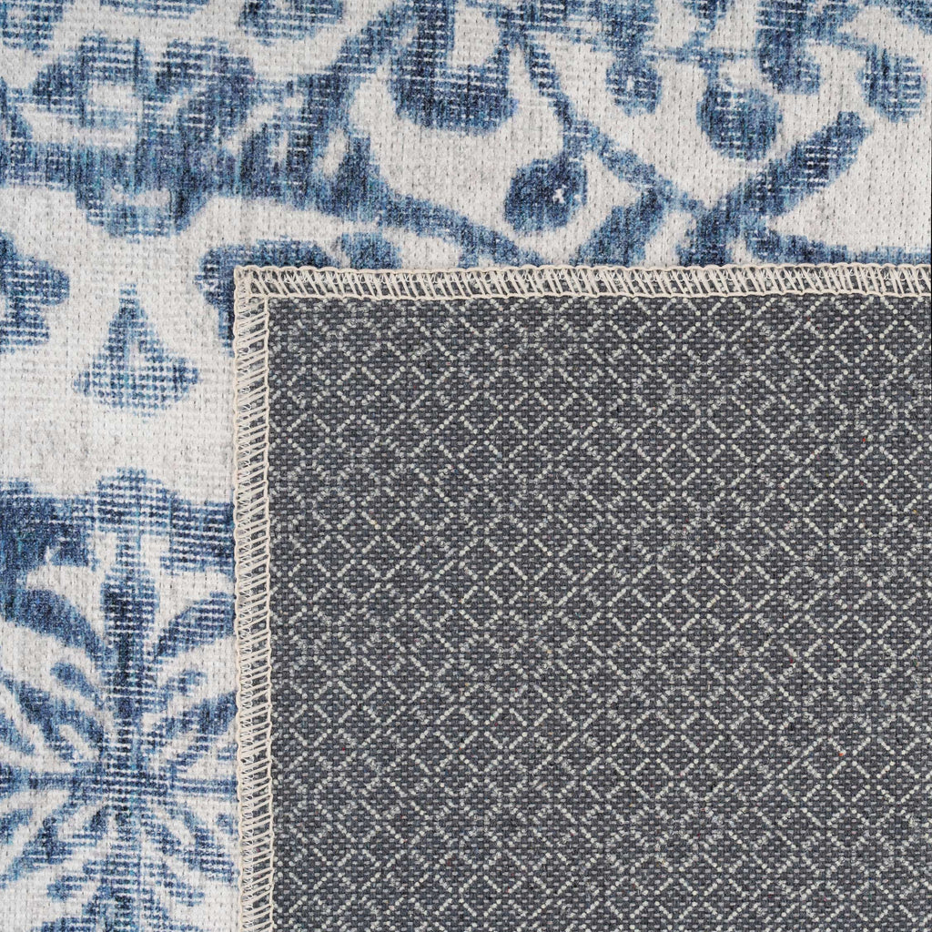 Flatwoven Washable Distressed Blue Damask Rug - Bala
