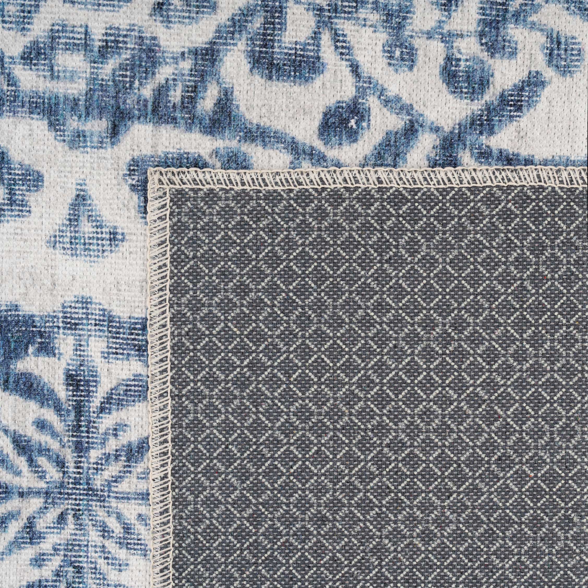 Flatwoven Washable Distressed Blue Damask Rug - Bala
