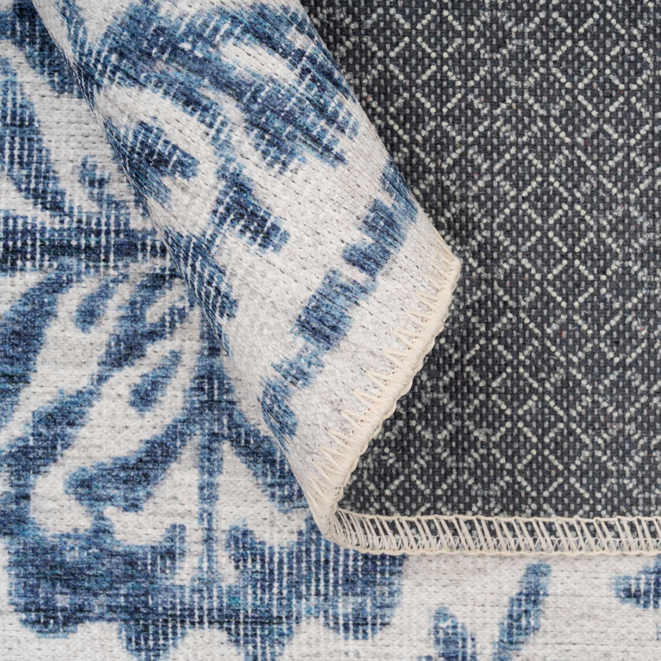 Flatwoven Washable Distressed Blue Damask Runner - Bala