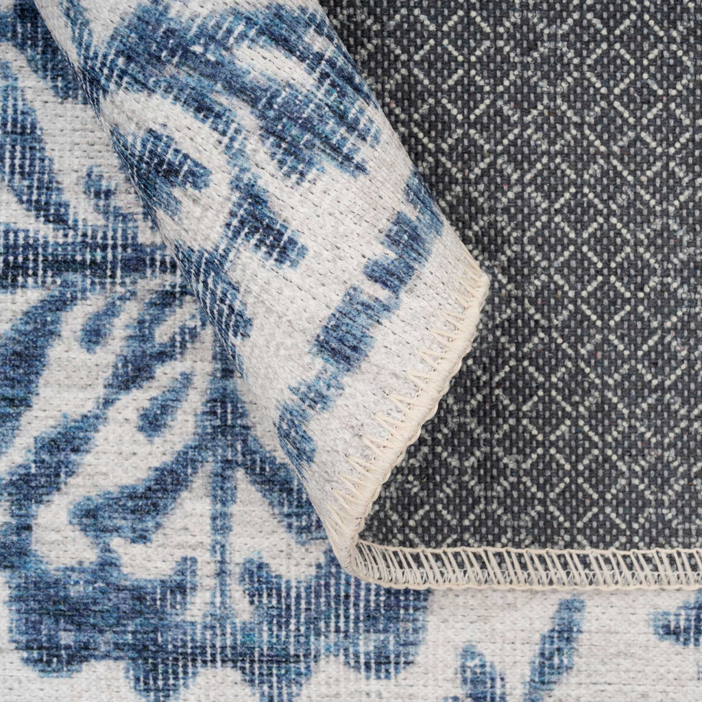 Flatwoven Washable Distressed Blue Damask Rug - Bala