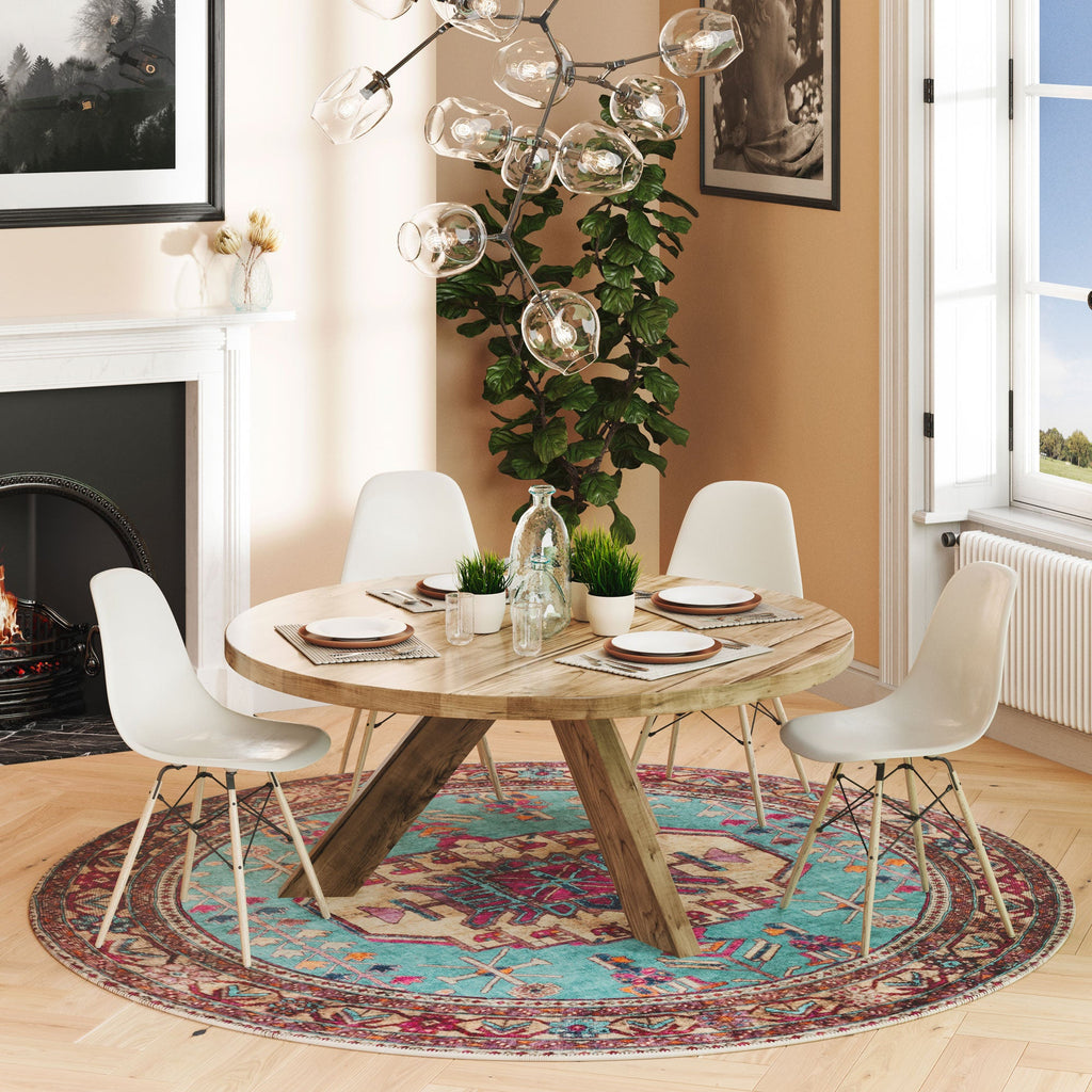 Flatwoven Washable Teal Pink Distressed Circle Rug