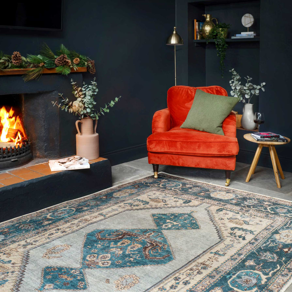Flatwoven Washable Distressed Teal Bordered Rug - Cyrus