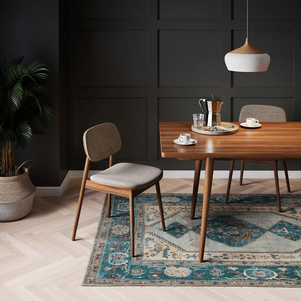 Flatwoven Washable Distressed Teal Bordered Rug - Cyrus
