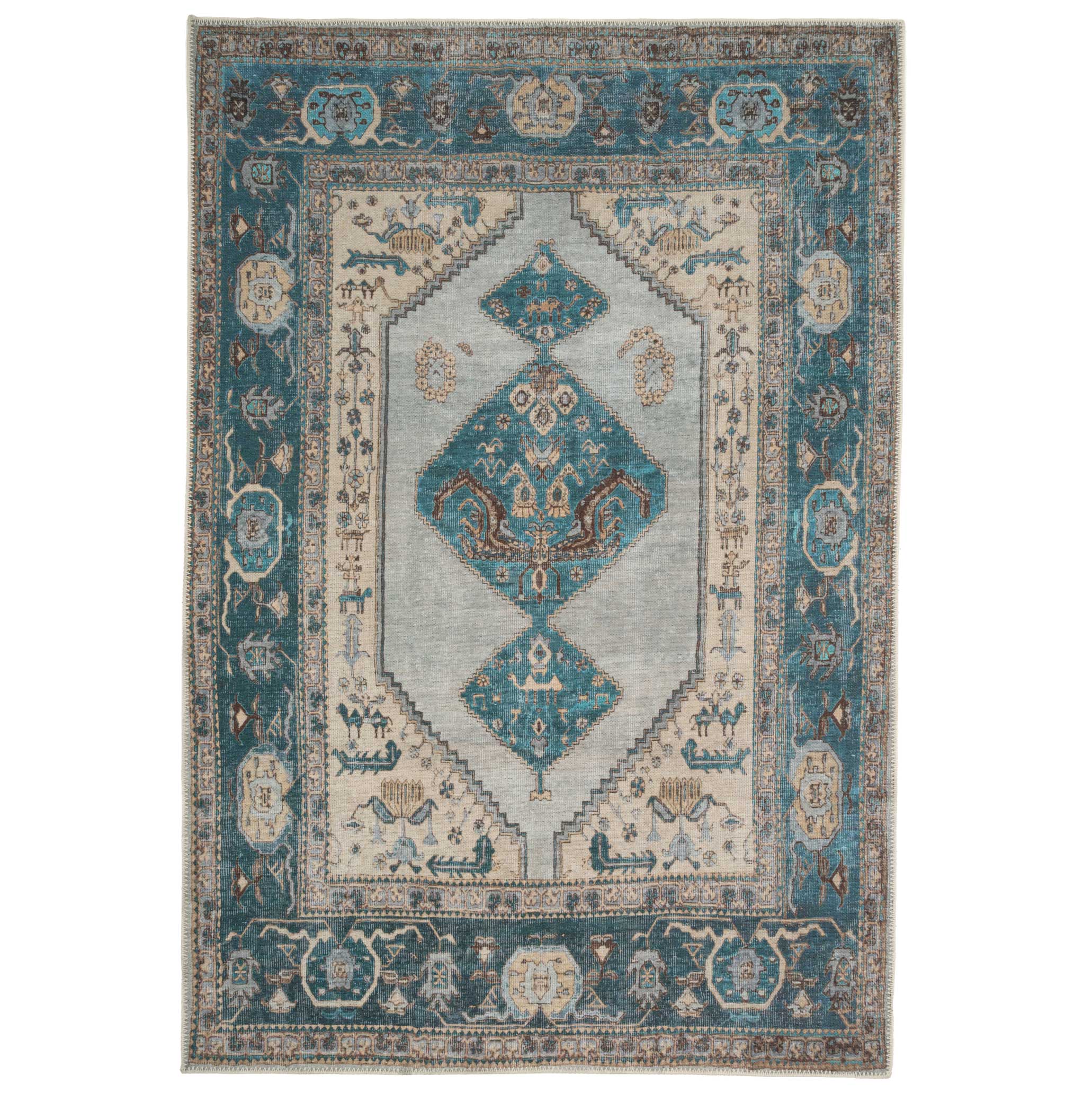 Distressed Bordered Washable Rug