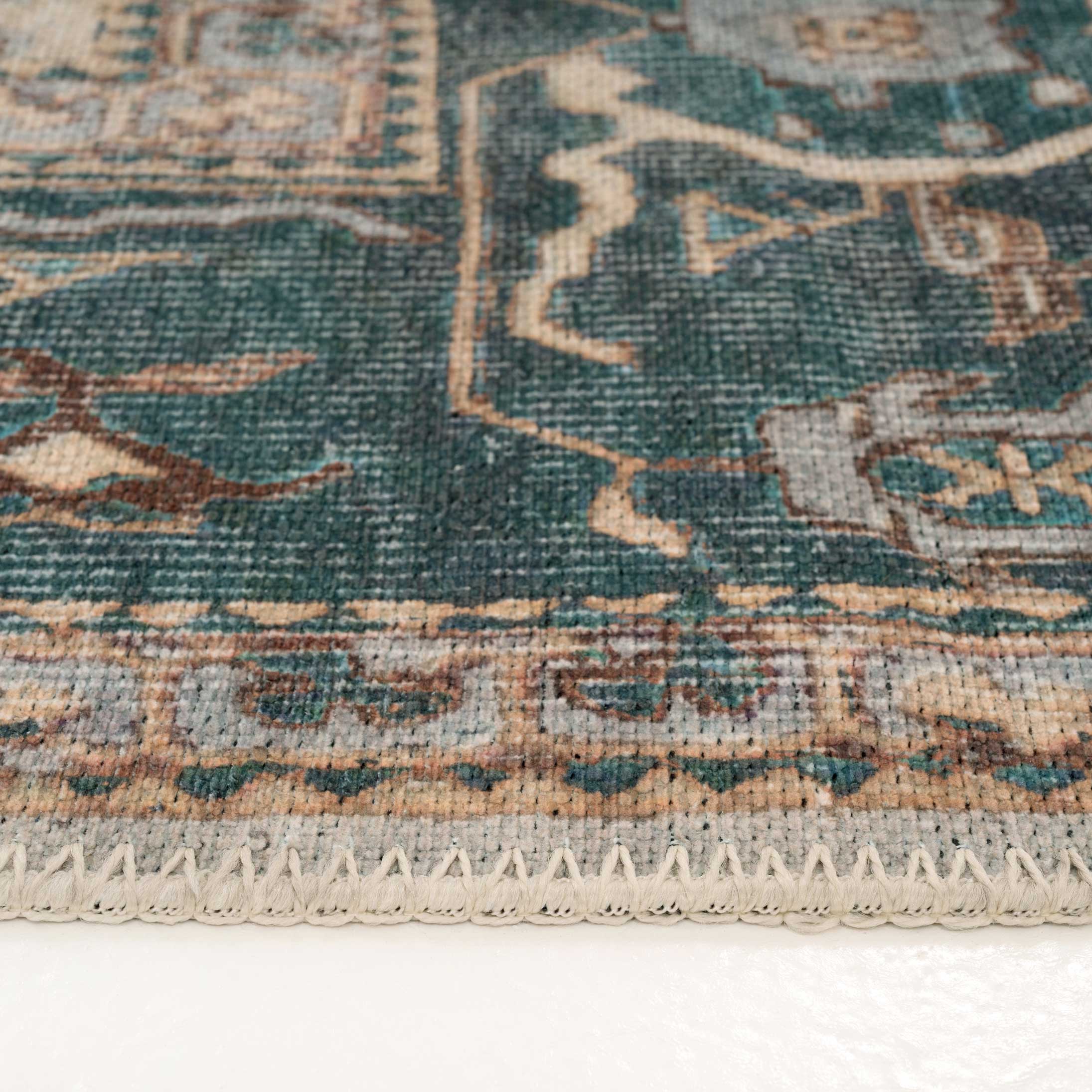 Flatwoven Washable Distressed Teal Bordered Rug - Cyrus