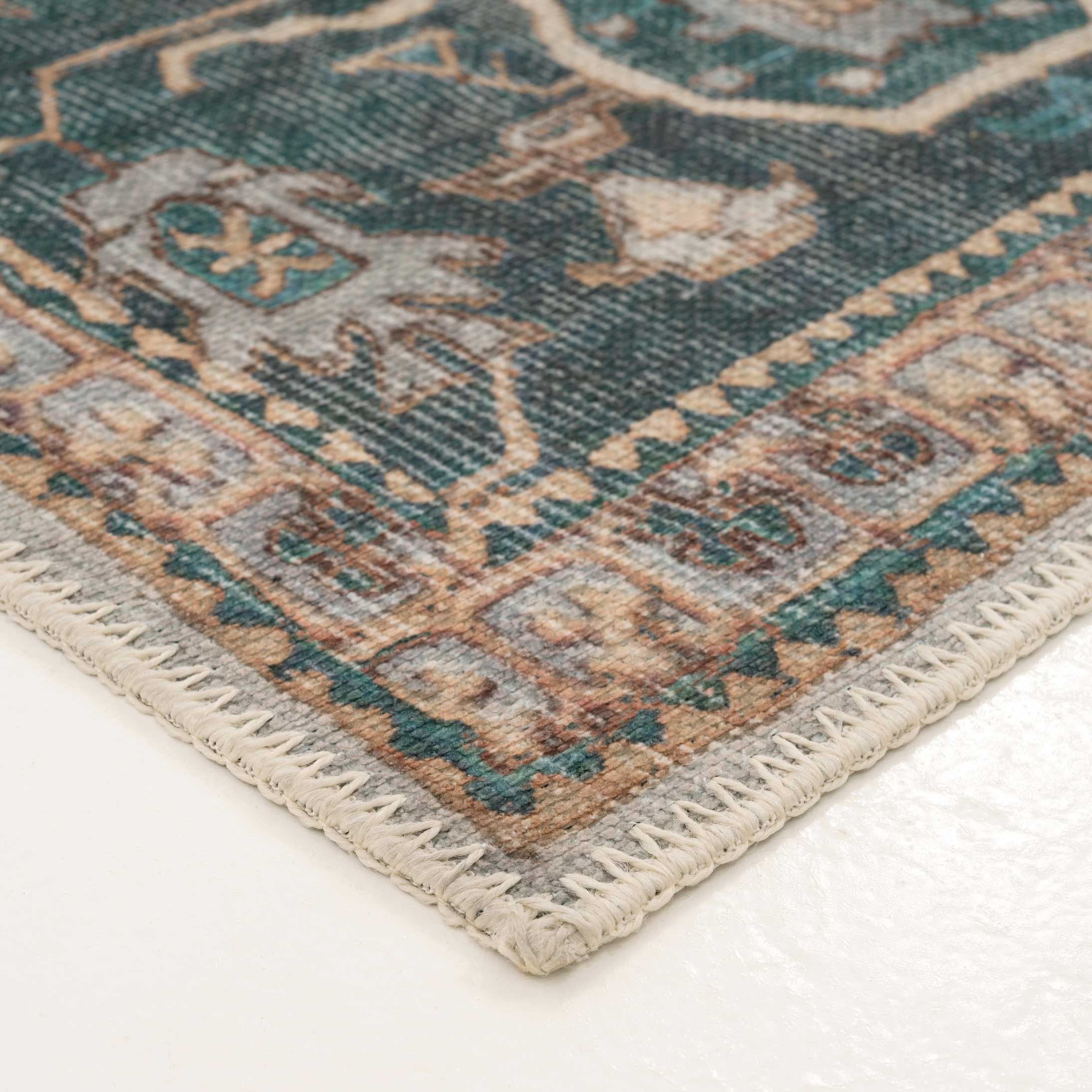 Flatwoven Washable Distressed Teal Runner - Cyrus