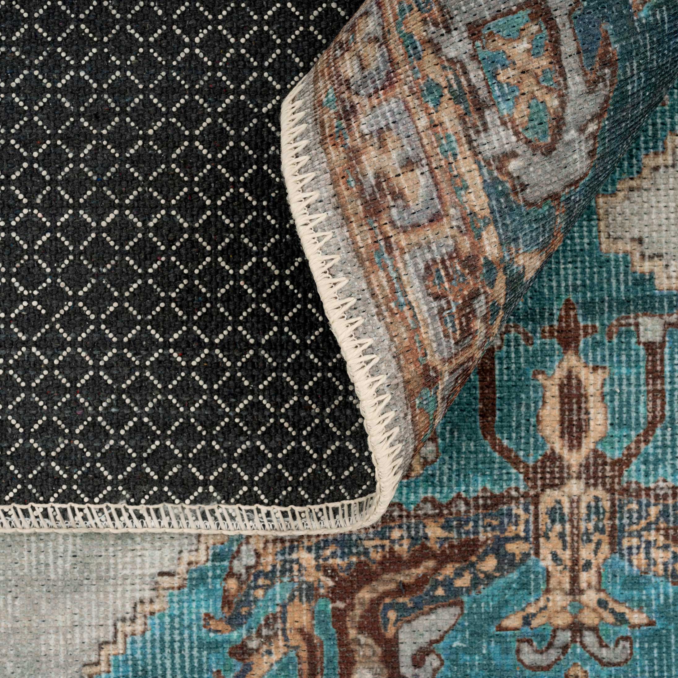 Flatwoven Washable Distressed Teal Bordered Rug - Cyrus