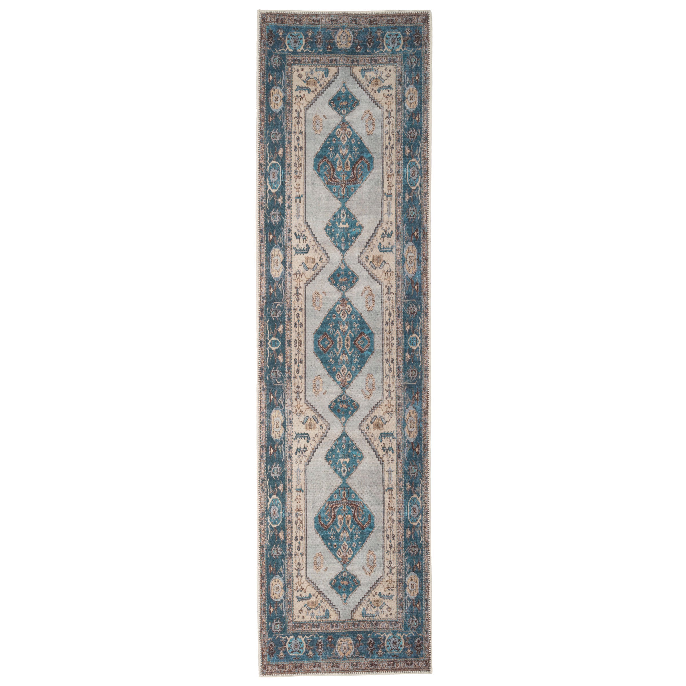 Flatwoven Washable Distressed Teal Bordered Rug - Cyrus
