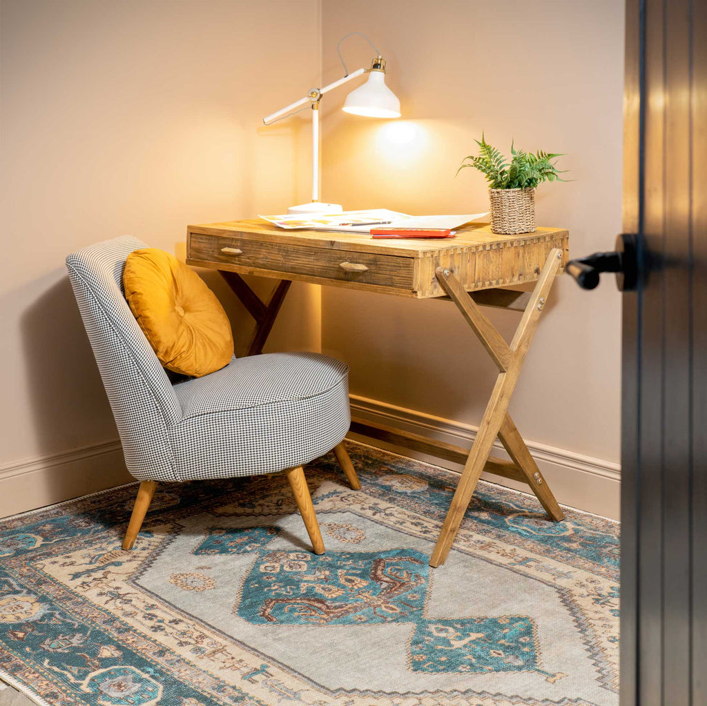 Flatwoven Washable Distressed Teal Bordered Rug - Cyrus