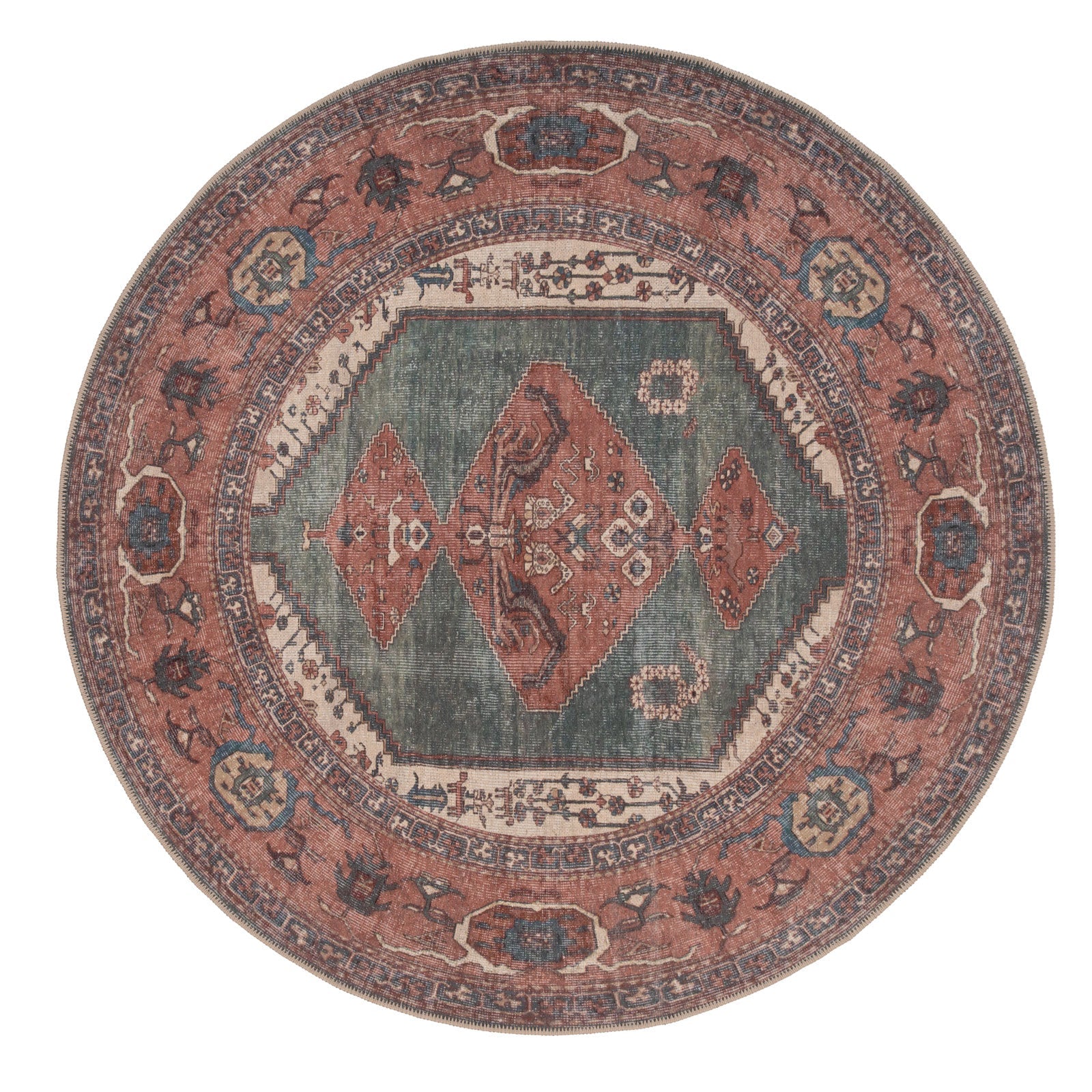 Flatwoven Washable Distressed Terracotta Green Boho Rug - Faro