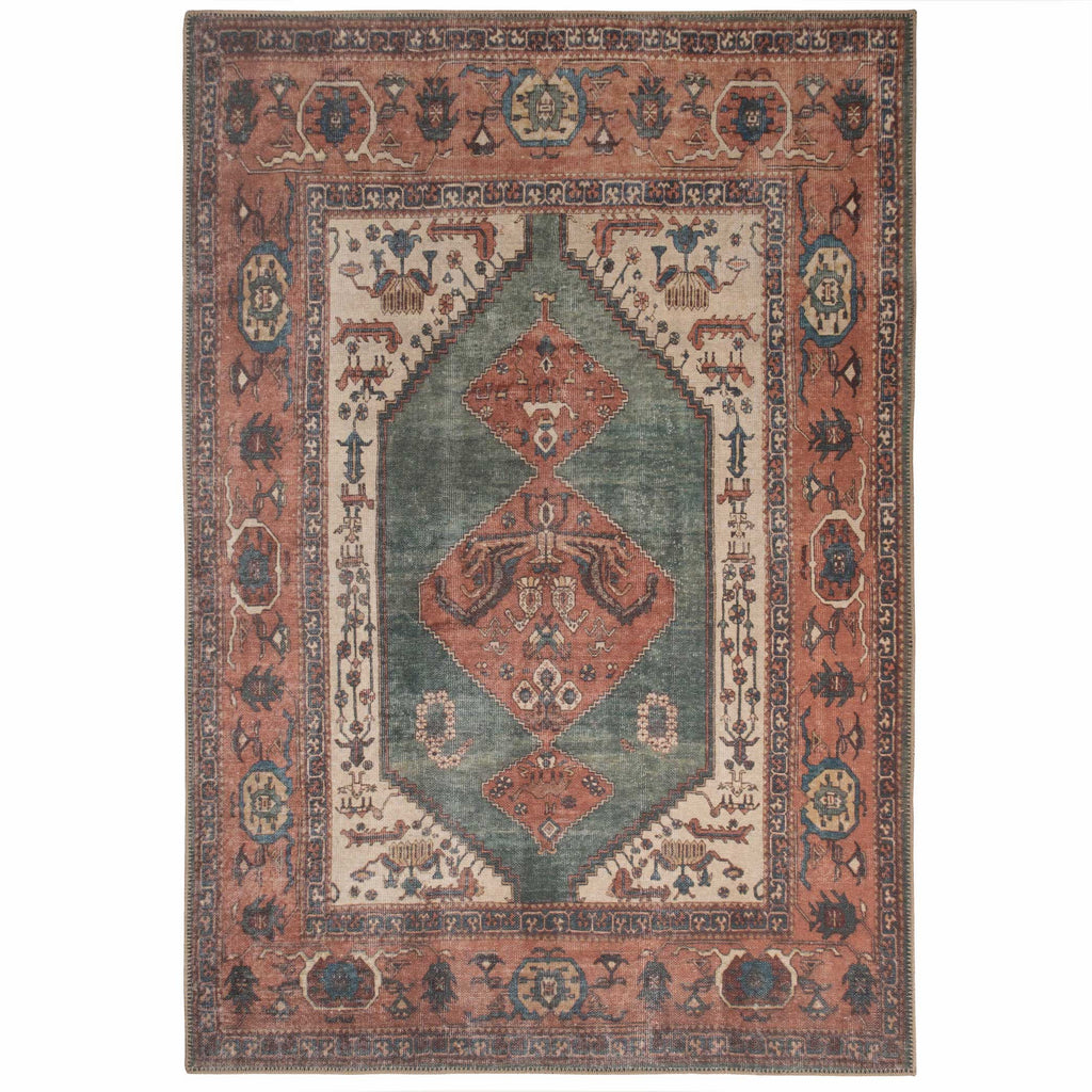 Flatwoven Washable Distressed Terracotta Green Boho Rug - Faro