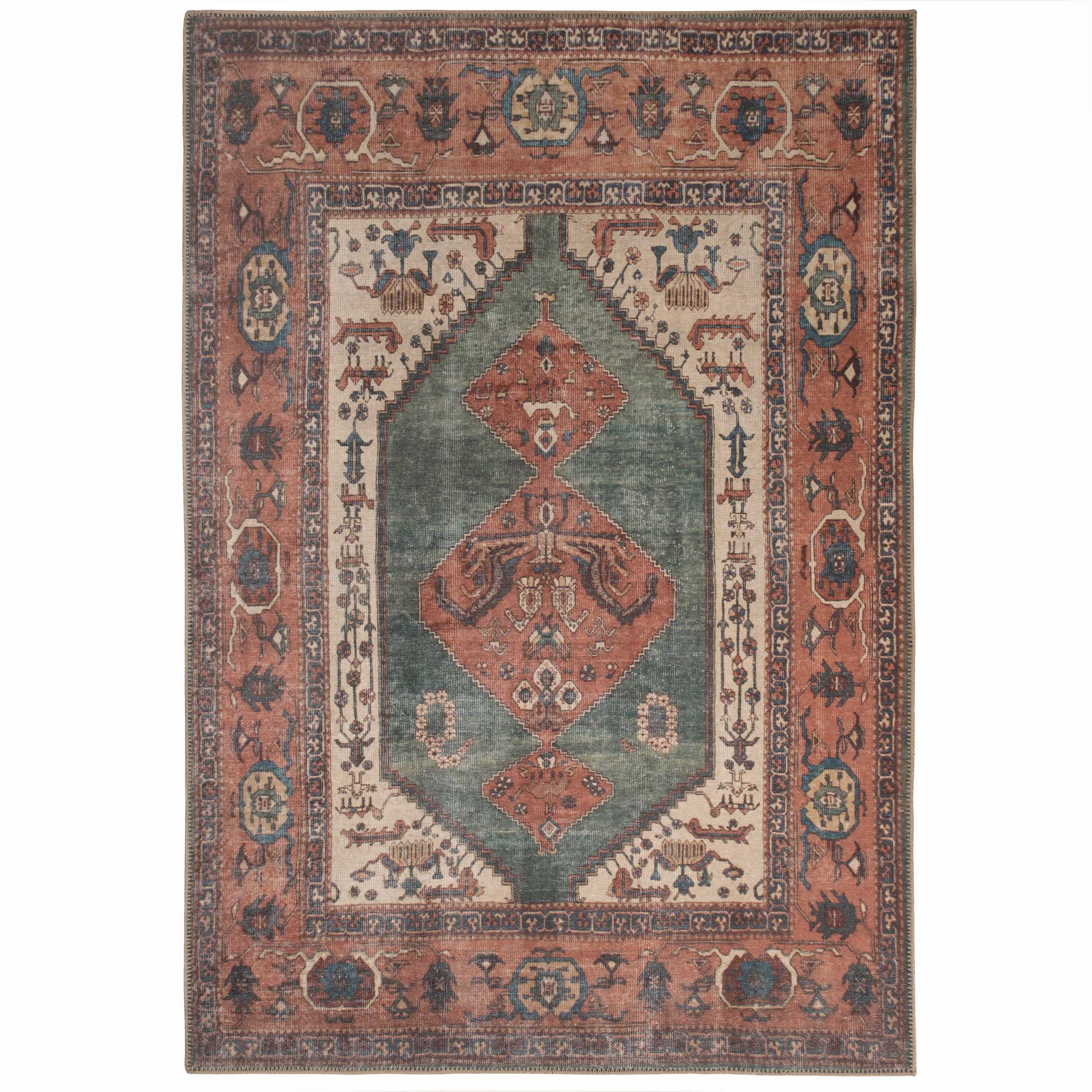 Distressed Bordered Washable Rug