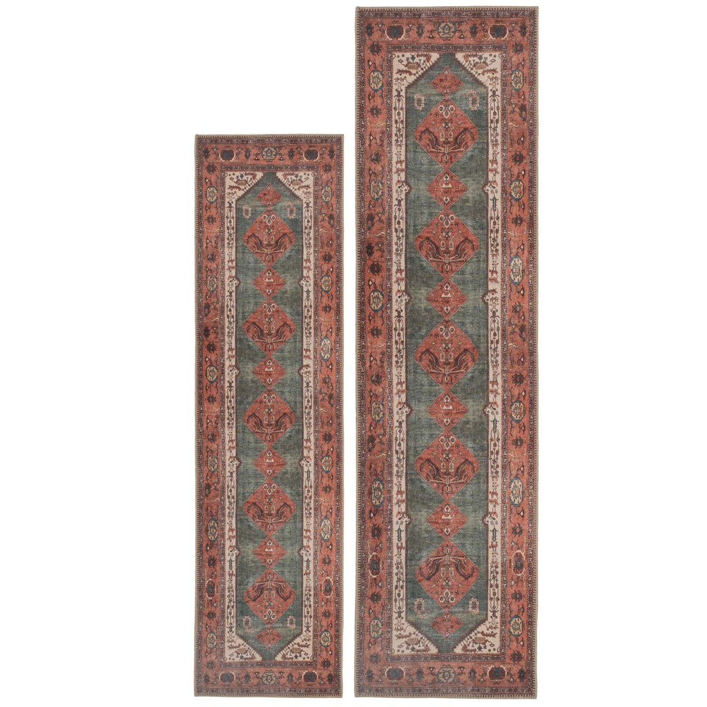 Flatwoven Washable Distressed Terracotta Green Boho Runner - Faro