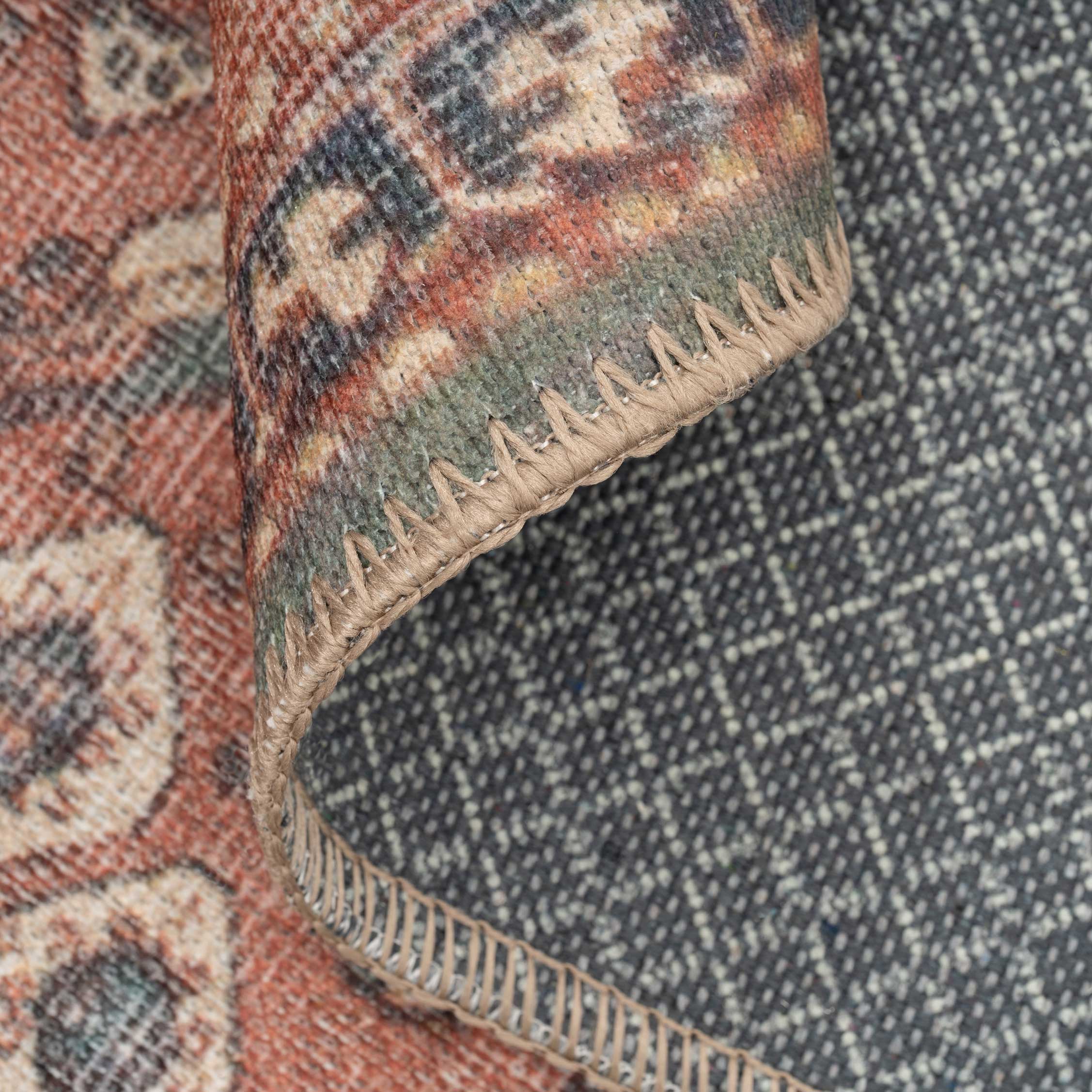 Flatwoven Washable Distressed Terracotta Green Boho Runner - Faro