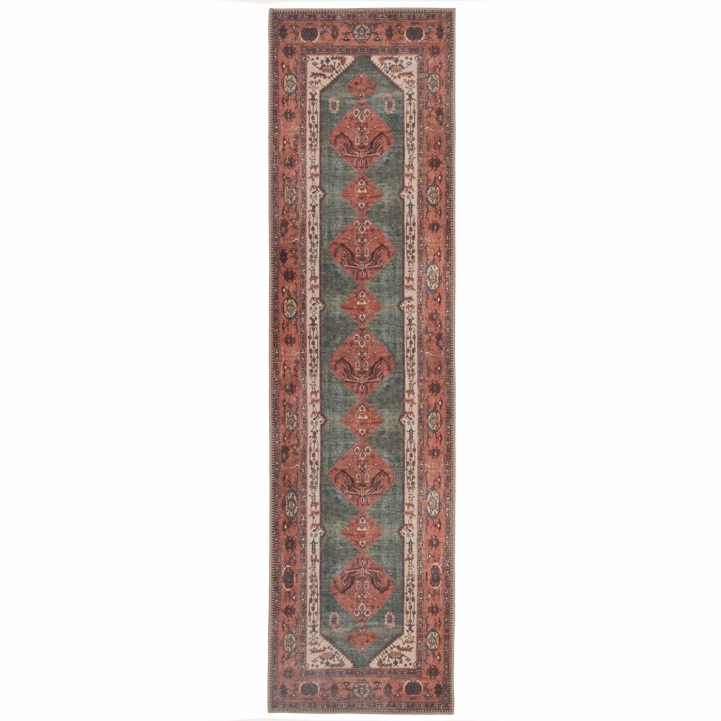 Flatwoven Washable Distressed Terracotta Green Boho Rug - Faro