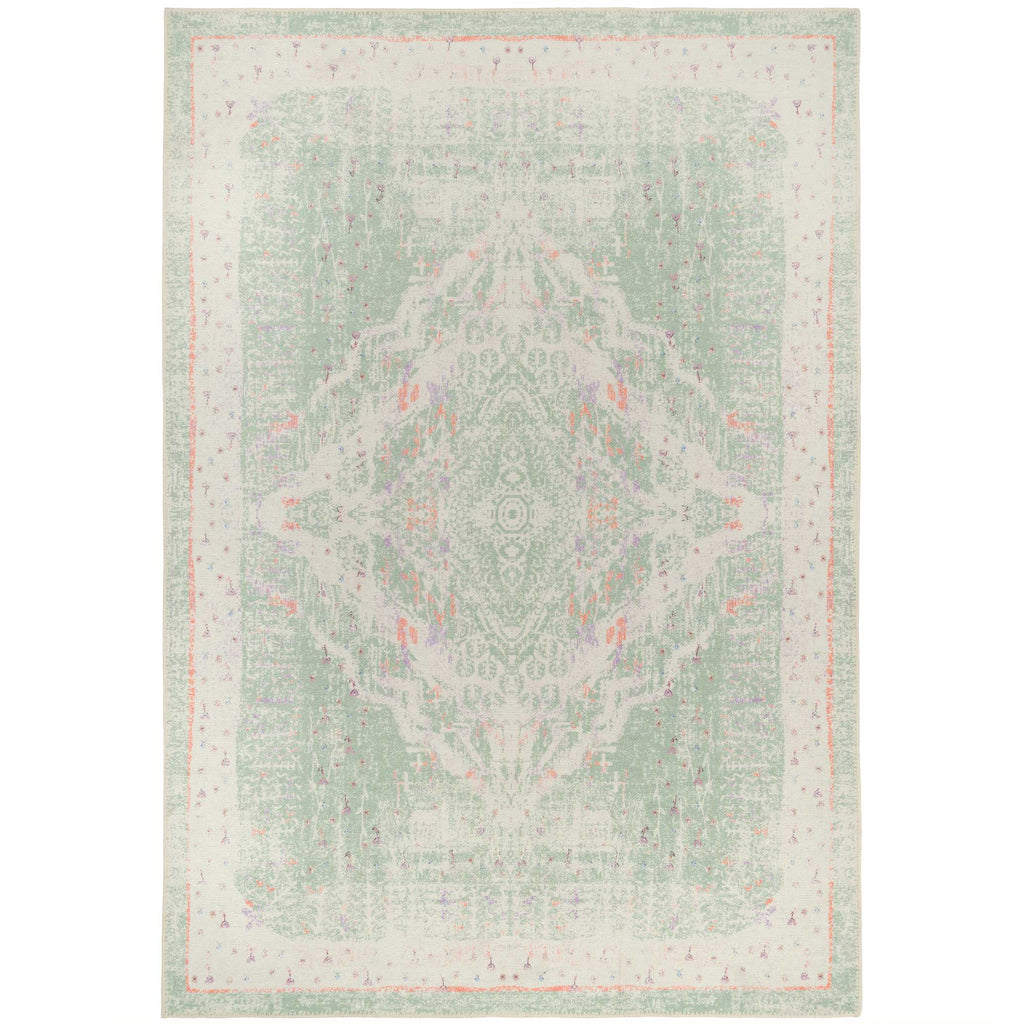 Flatwoven Washable Distressed Green Medallion Rug - Lottie