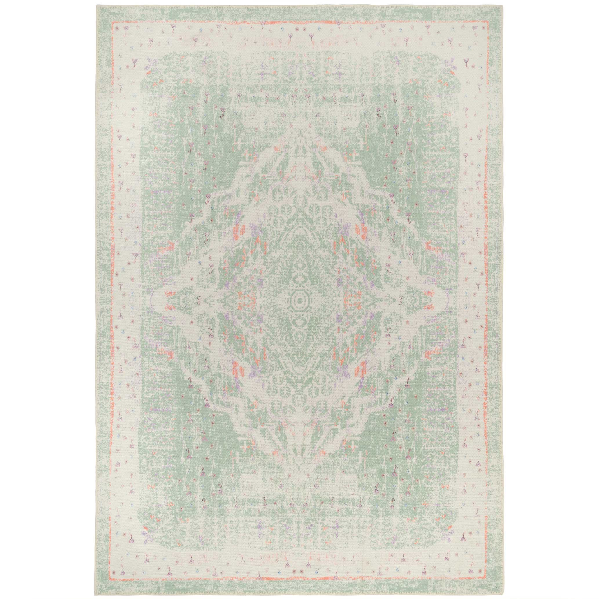 Flatwoven Washable Distressed Green Medallion Rug - Lottie