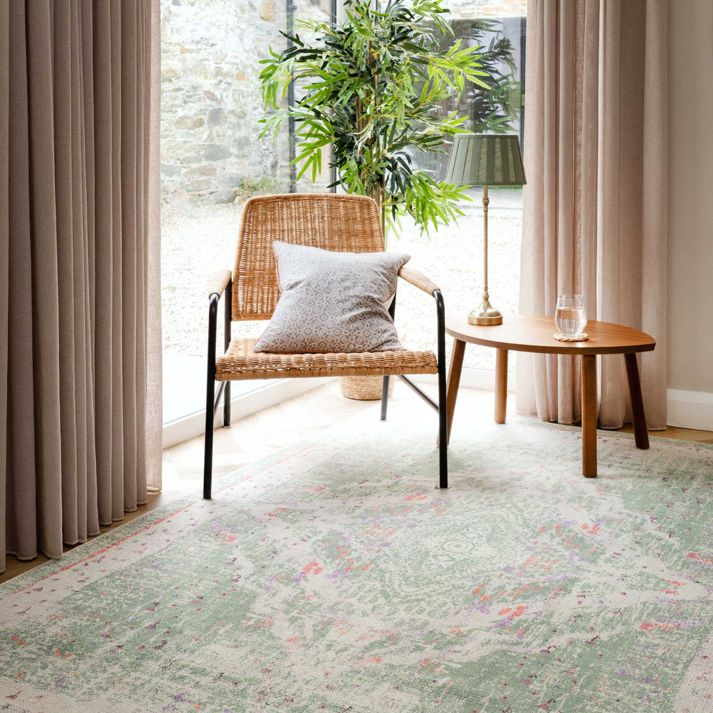 Flatwoven Washable Green Medallion Runner - Lottie