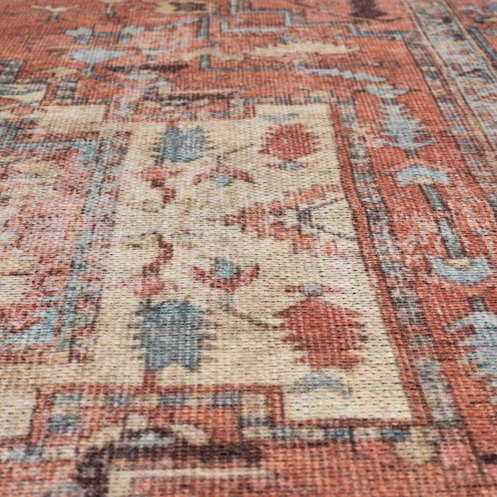 Flatwoven Washable Distressed Terracotta Aztec Boho Rug - Yana