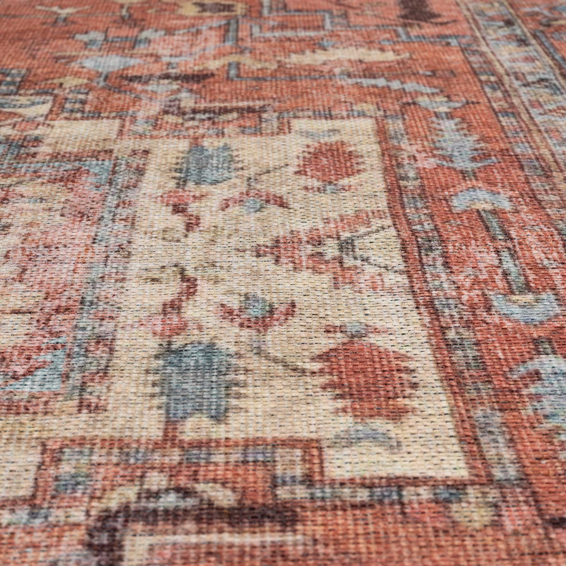 Flatwoven Washable Distressed Terracotta Aztec Boho Rug - Yana