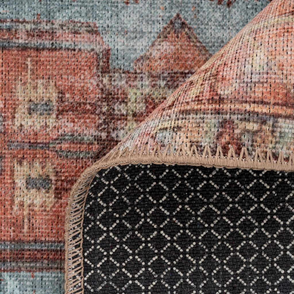 Flatwoven Washable Distressed Terracotta Aztec Boho Rug - Yana