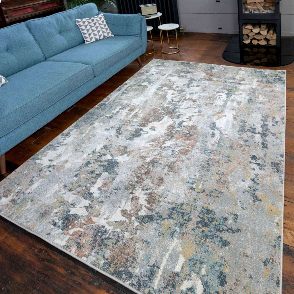 Soft Modern Blue Grey Painted Canvas Effect Rugs - Artist