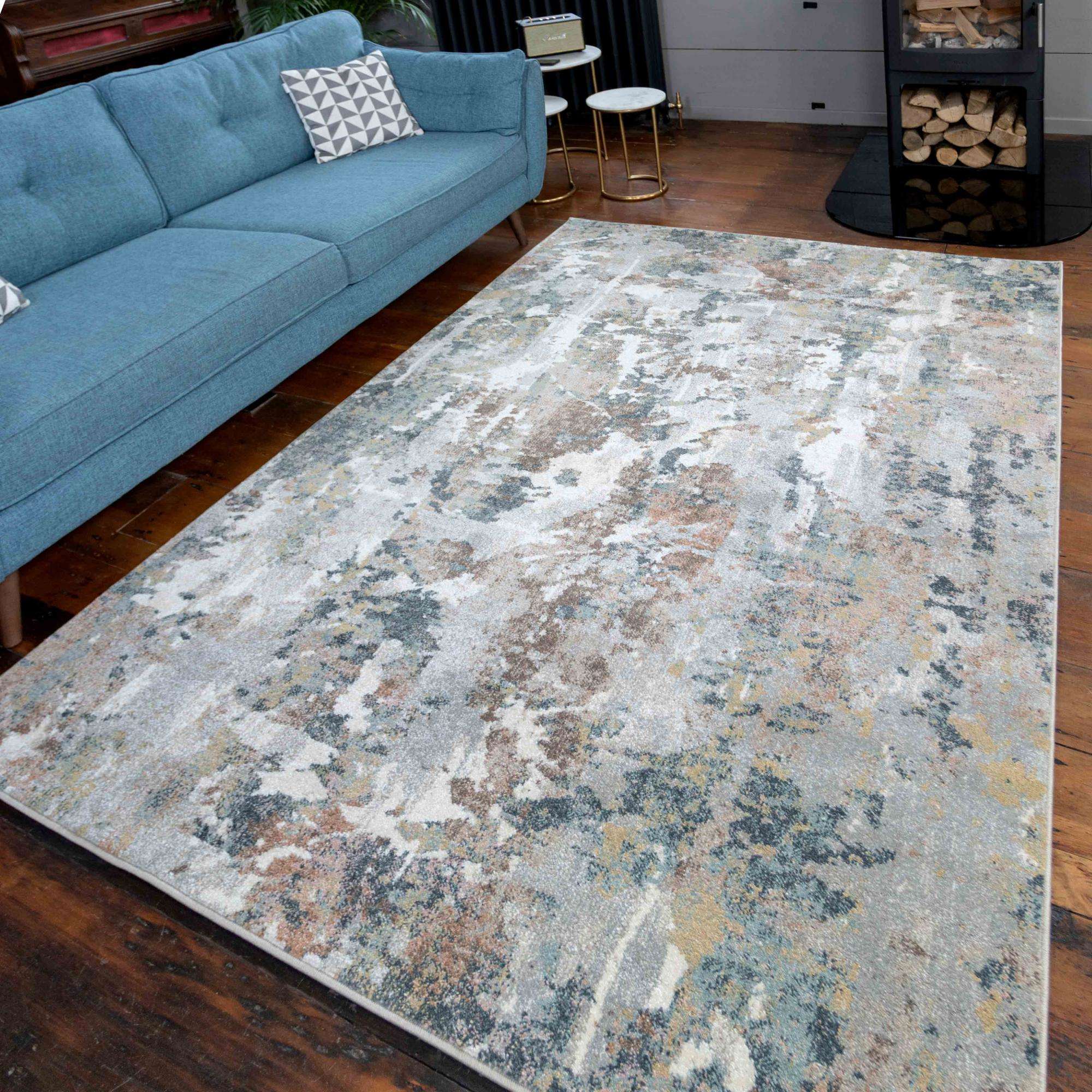 Soft Modern Blue Grey Painted Canvas Effect Rugs - Artist