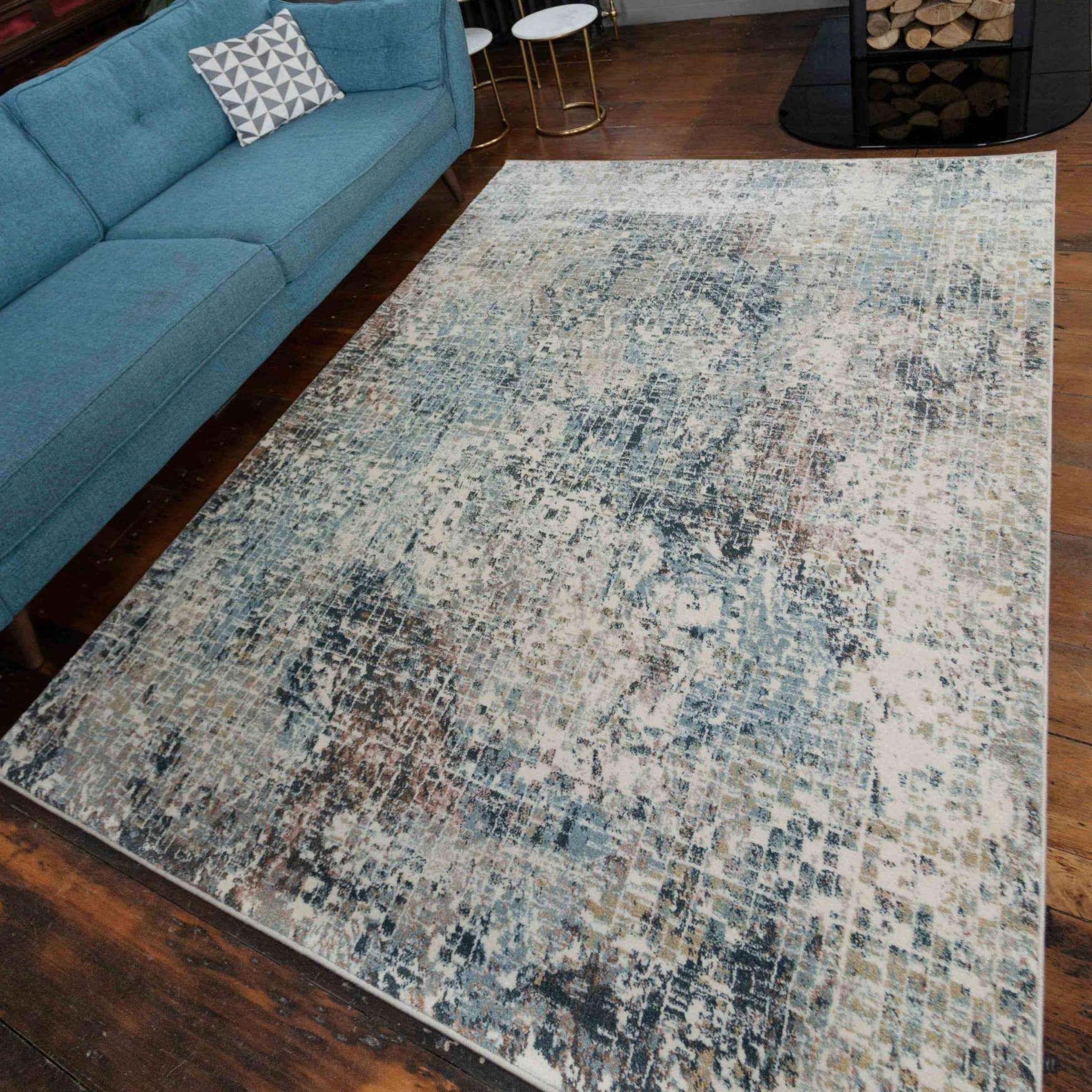 Soft Modern Blue Distressed Abstract Bedroom Rugs - Minuet