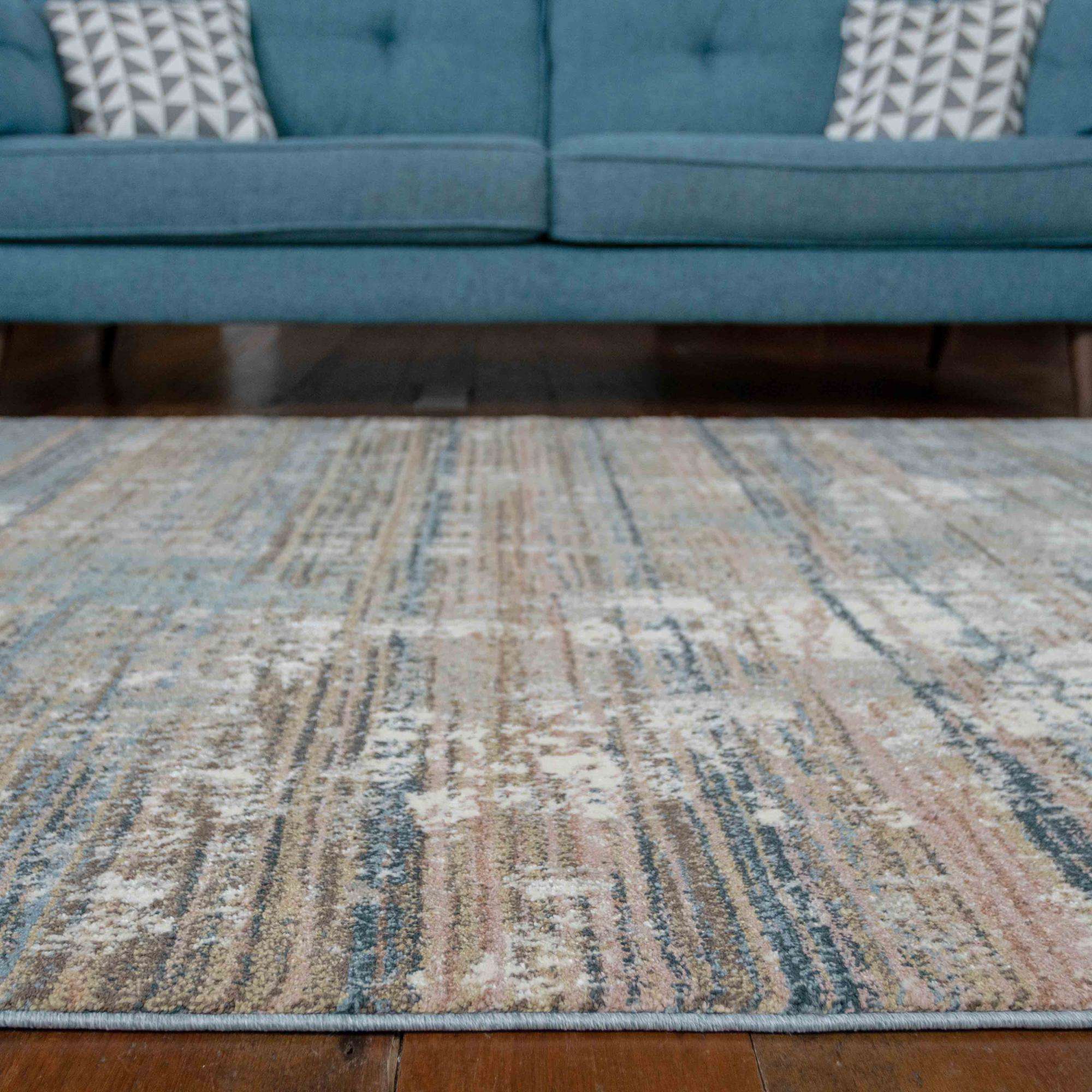 Soft Modern Blue Distressed Scratched Effect Rugs - Scatter