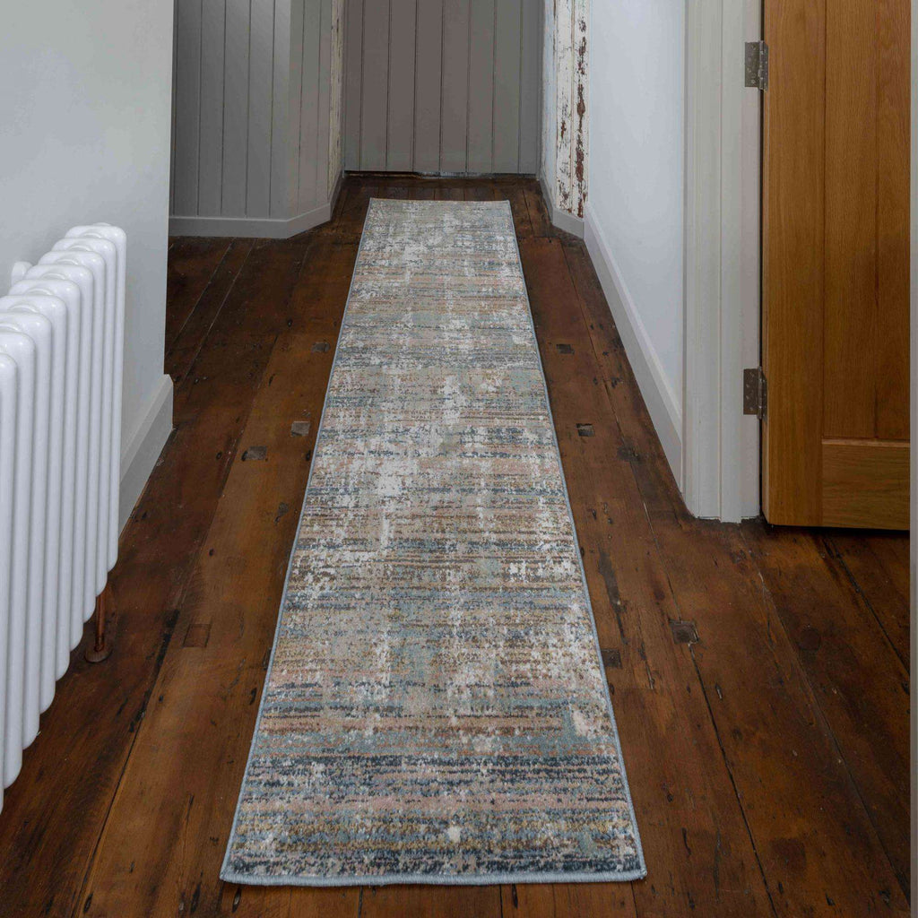 Soft Modern Blue Distressed Scratched Effect Rugs - Scatter